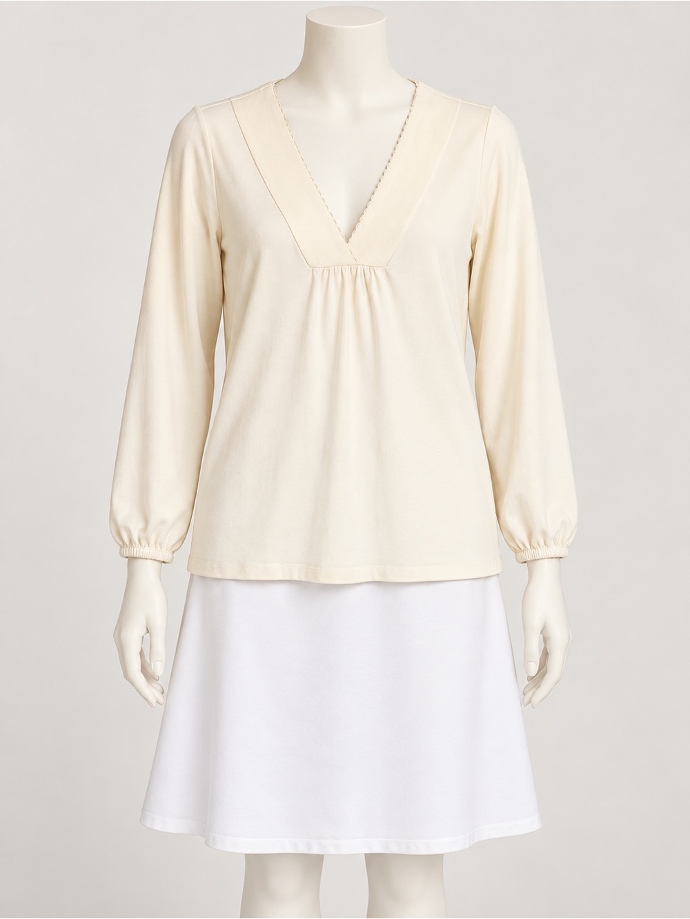 V-Neck Long Sleeve Cream Women's Top